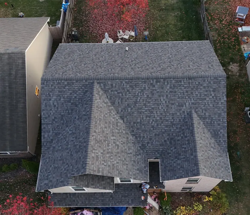 Aerial view of a full shingle roof on a home